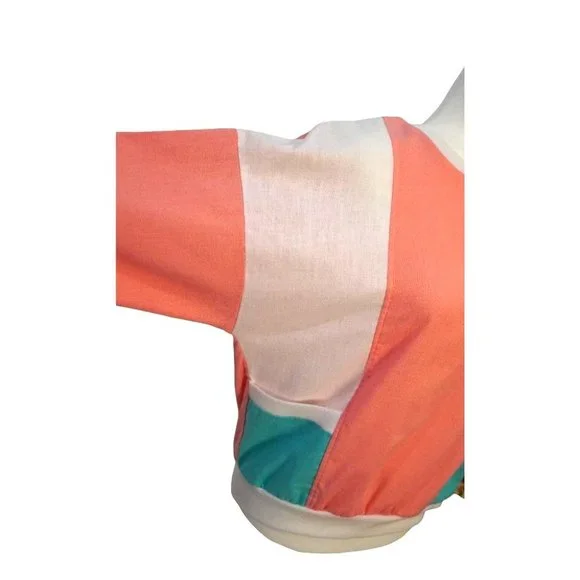 Vintage Color Block Shirt, Peach Aqua White Top, Womens Size L, Granny - Picture 2 of 10